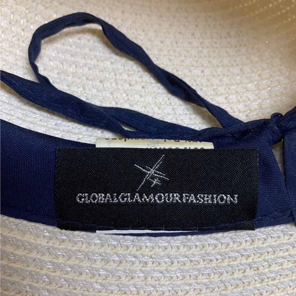 Global Glamour Raffia Hat White Tall Crown 3.5" Brim Navy Band O/S Adjustable - Picture 7 of 10